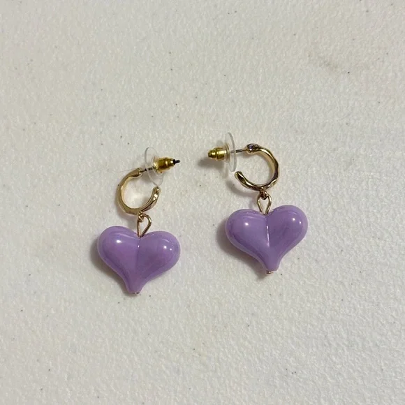 Gold and Purple Heart Earrings - Picture 3 of 7